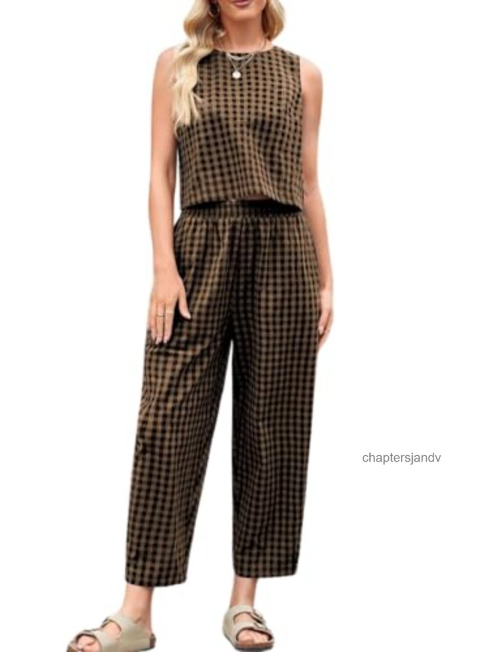Womens Cotton Gingham 2 Piece Outfit Tank Top Wide Leg Pants Set